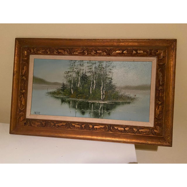 1960s Lake Scene with Trees Original Oil Painting on Canvas Signed Carter, Framed For Sale - Image 10 of 12