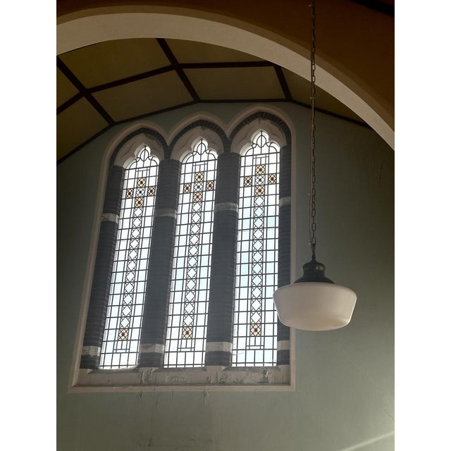 Large Antique English Opaline Milk Glass and Brass Church Pendant, 1890s For Sale - Image 9 of 12