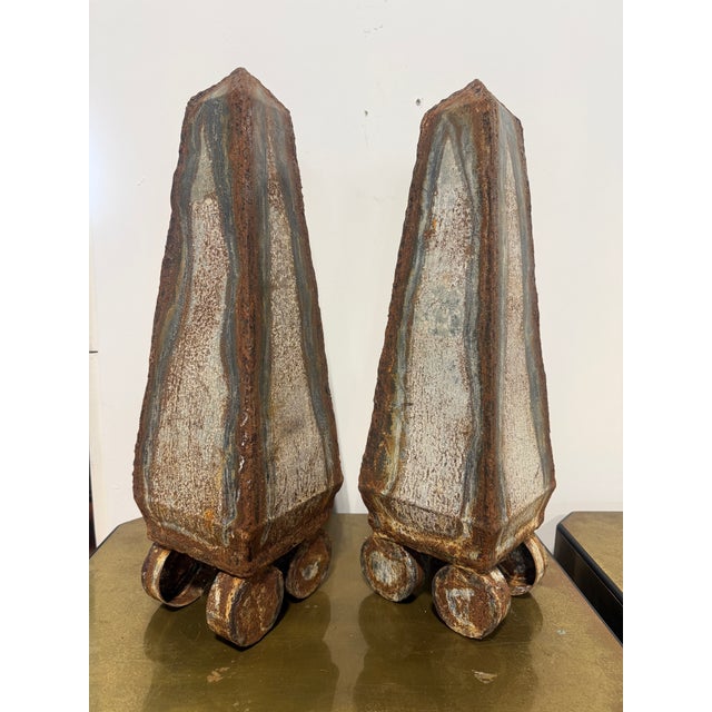 Mid 20th Century Pair, Vintage Distressed Tole Obelisk Form Sculptures For Sale - Image 5 of 8