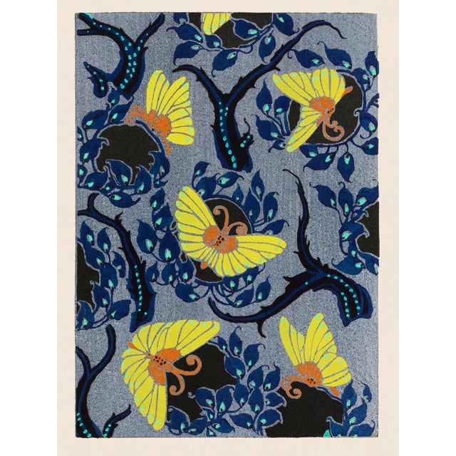 Decorative butterfly pochoir composition reproduced from an original 1914 plate by E. A. Séguy, published in Samarkande:...
