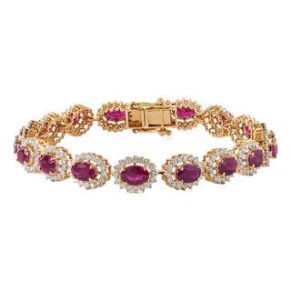 8.83ct Oval Cut Natural Red Ruby and Diamond Tennis Bracelet in 14k Yellow Gold For Sale