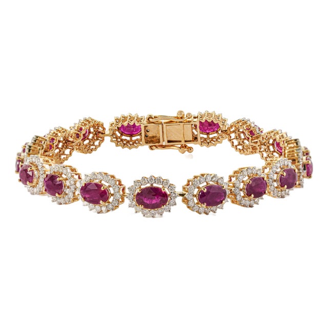 8.83ct Oval Cut Natural Red Ruby and Diamond Tennis Bracelet in 14k Yellow Gold For Sale