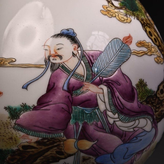 Pair of Vintage Famille Rose Porcelain Vases With Figural & Deer Motifs For Sale In Los Angeles - Image 6 of 10