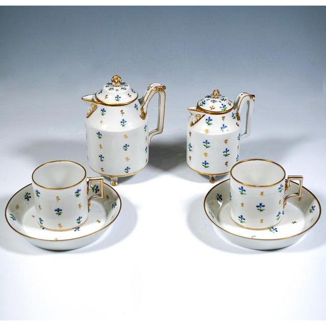 Exquisite early coffee/mocha set, tête-à-tête for two persons, comprising two small pots and two cups with saucers. Two...