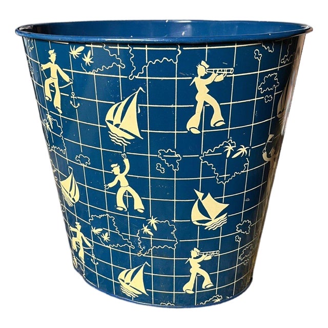 VTG National Can Co Nautical Blue Sailor Boats 9" Waste Bin Trash Can For Sale
