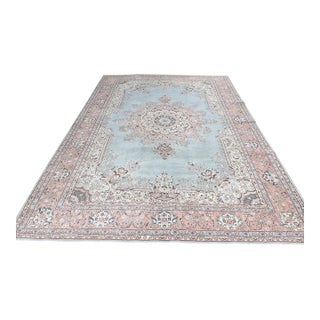 Versatile Vintage Hand-Knotted Light Blue Turkish Medallion Wool Rug - 6.9 X 10 Ft For Sale