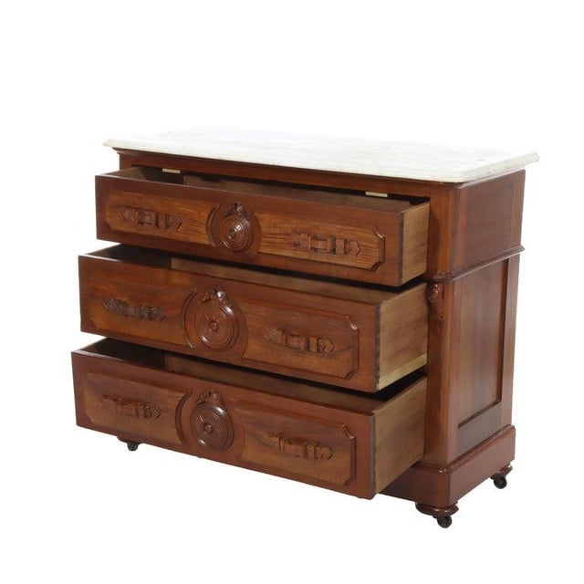 Antique Walnut 3-Drawer Marble Top Chest With Carved Medallions & Pulls C1890 Measures - 33 1/2" x 39 7/8" x 18 3/4" This...