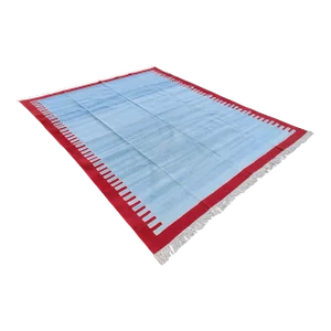 Handmade Cotton Zig Zag Patterned Rug, Sky Blue and Red Bordered Dhurrie - 6'x9'