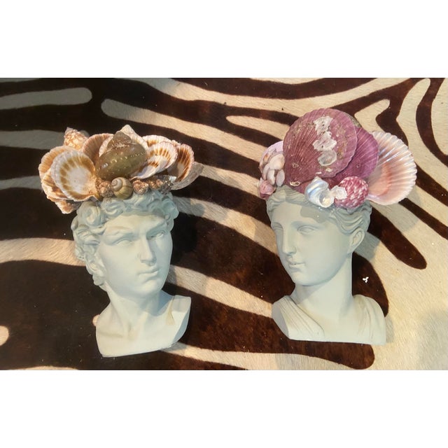 Shell-Encrusted Bust in Farrow & Ball “Blue Gray” #91 with Hidden Candle Holders by May River Neptune. A singular...