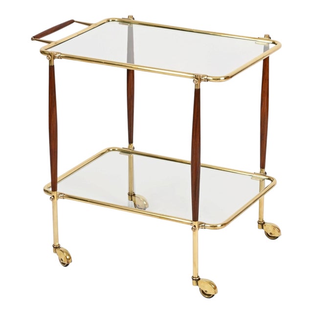 Mid-Century Bar Cart in Brass and Wood from Cesare Lacca, Italy, 1950s For Sale