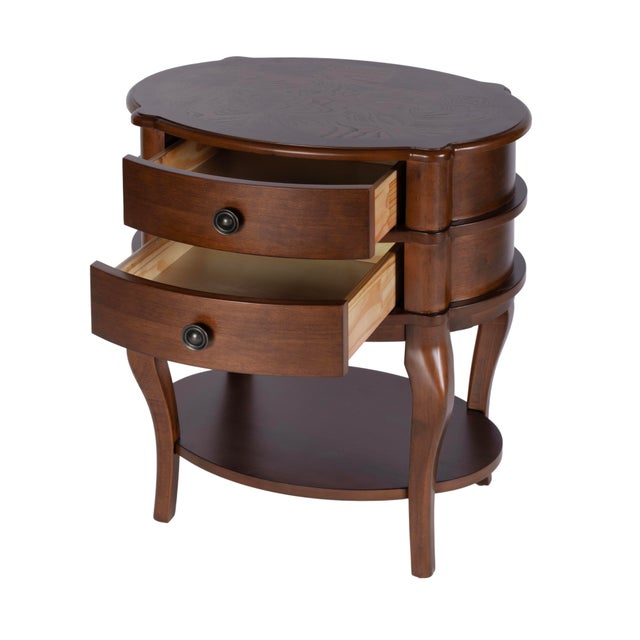 Spritely Home Accent Furniture Ethel 25 in. W Oval Wood 2 Drawer Accent Table with Open Shelf, Cherry For Sale - Image 4 of 9
