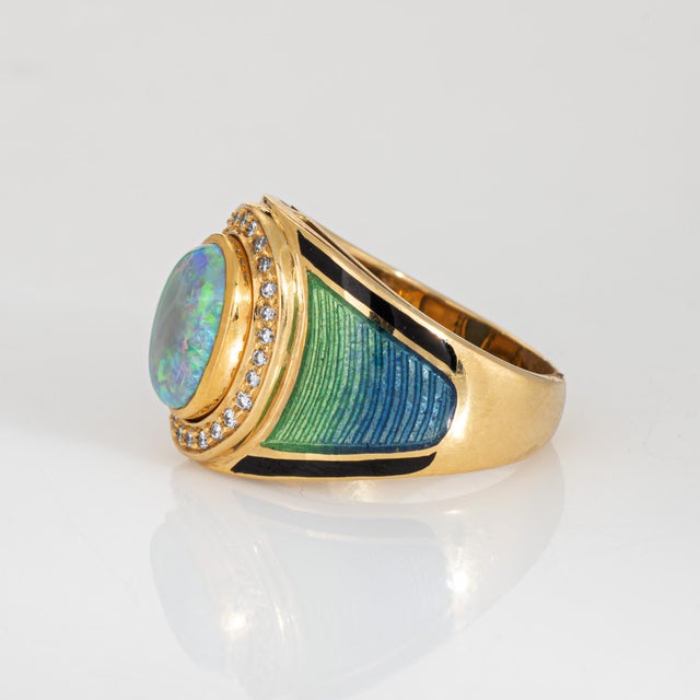 Natural Opal Diamond Ring Enamel Vintage 18k Yellow Gold Wide Cigar Band Sz 7 For Sale - Image 4 of 7
