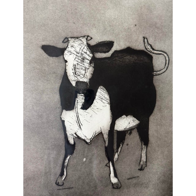 Late 20th Century Large Framed Etching of a Black and White Cow For Sale - Image 5 of 12