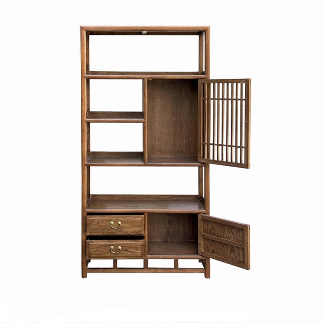 2020s Chinese Elm Wood Brown Open Display Bookcase Cabinet For Sale - Image 5 of 10