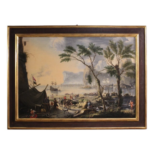 Flemish Artist, Landscape with Sailing Ships, 1650, Oil Painting on Canvas, Framed For Sale