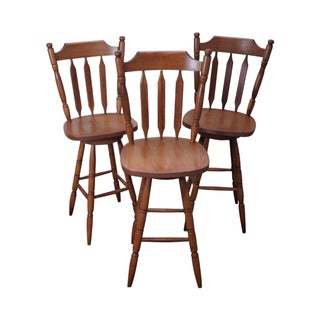 Maple Colonial Style Swivel Bar Stools - Set of 3 For Sale