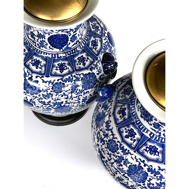 1960s Massive Pair of Chinese Blue & White Urn-Form Lamps For Sale - Image 5 of 8