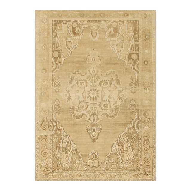 Vintage Turkish Rug in Beige-Brown With Floral Medallion, From Rug & Kilim For Sale