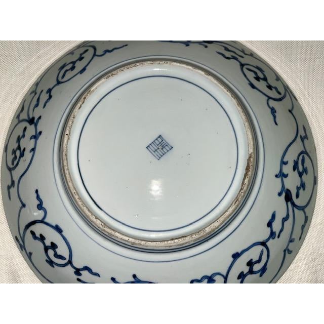 Mid 19th Century Antique 16" Blue and White Plate With Detailed and Intricate Hand Painting Pine and Plum Design For Sale - Image 5 of 18