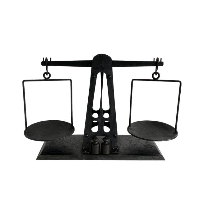 Extraordinary statement size antique French balance scale with a black patinized finish. May have been used for assaying...