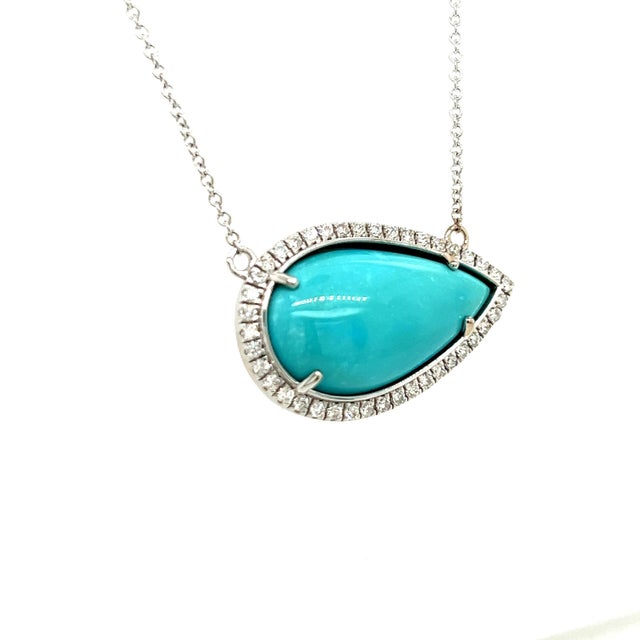 Blue Persian Turquoise Diamond Halo Pendant With Chain 14k WG Certified For Sale - Image 8 of 8