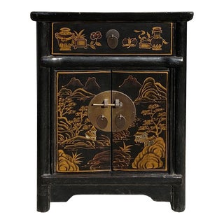 Chinese Distressed Black Golden Scenery Graphic End Table Nightstand For Sale