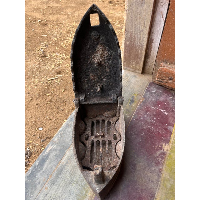 Charcoal Antique Cast Iron Coal-Fired Sad Iron With Wooden Handle For Sale - Image 8 of 8