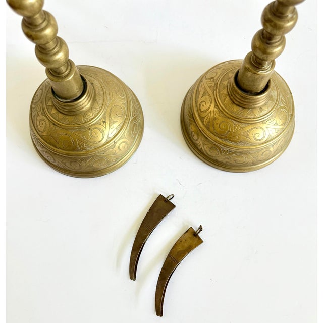Verdigris Pair of Antique Korean Brass Candlesticks with Reflector Shields For Sale - Image 8 of 13