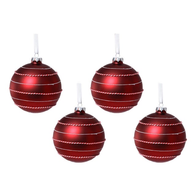 Matte Ball Ornaments with White & Red Rope, Set of 4, Red, 4.75" For Sale
