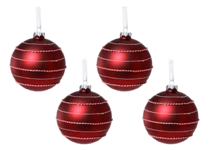 Matte Ball Ornaments with White & Red Rope, Set of 4, Red, 4.75"
