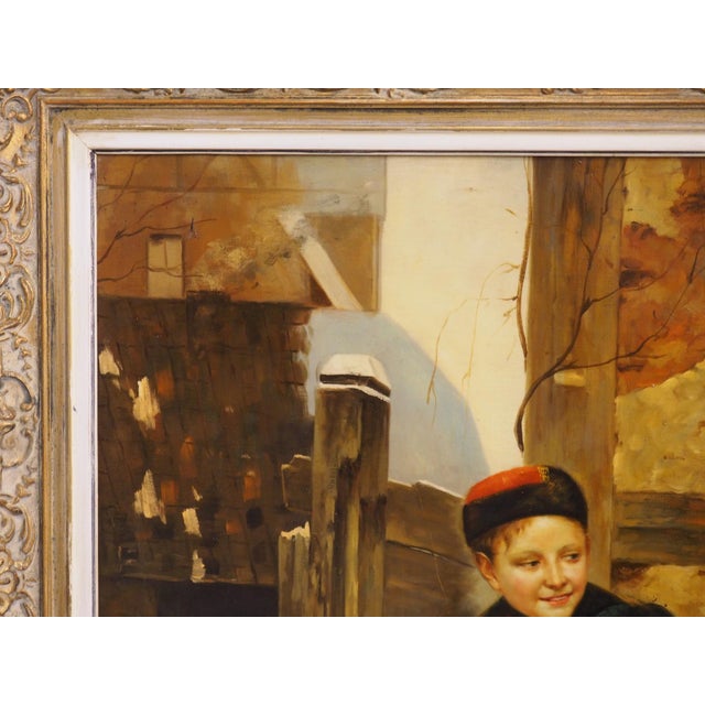 Gold 19th Century Oil on Canvas Painting, Children Playing in Winter, Alsace, France For Sale - Image 8 of 16