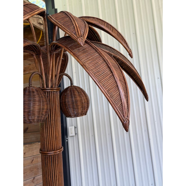Vintage Rattan Palm Tree Floor Lamp With Three Coconut Lights For Sale In Naples, FL - Image 6 of 12