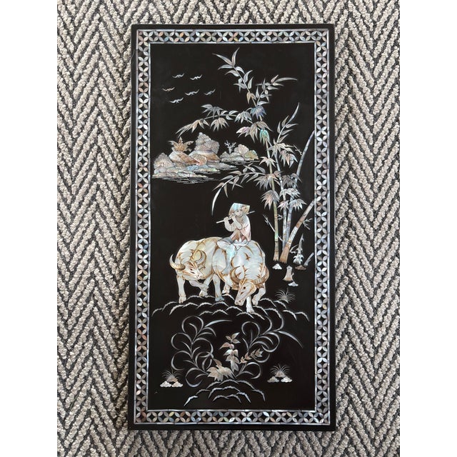 Chinese Set of Four Chinese Japonisme Black Lacquer Panels With Dimensional Mother-of-Pearl Inlay, Figural Pastoral Scenes For Sale - Image 3 of 12