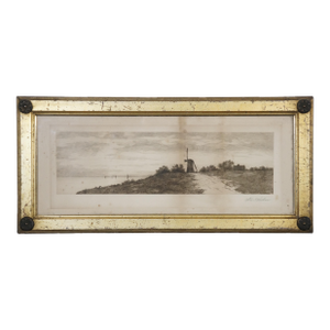 Antique 1889 Otis S Weber Coastal New England Windmill Landscape Etching 23", Framed