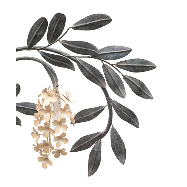 Pair of large wall sconces. Four lights. Wrought iron. Depicts wisteria in bloom. Duck blue and amber. Circa 1960 European...