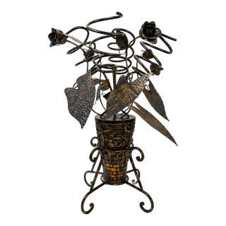 Vintage Wrought Iron Floral Bouquet Wine Rack For Sale