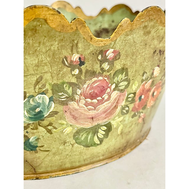 Vintage French Tole Cachepot With Hand-Painted Roses and Scalloped Rim For Sale - Image 13 of 15