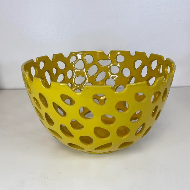 Mustard 1990s Contemporary Free Form Cutout Ceramic Decorative Bowl in Mustard Yellow For Sale - Image 8 of 13