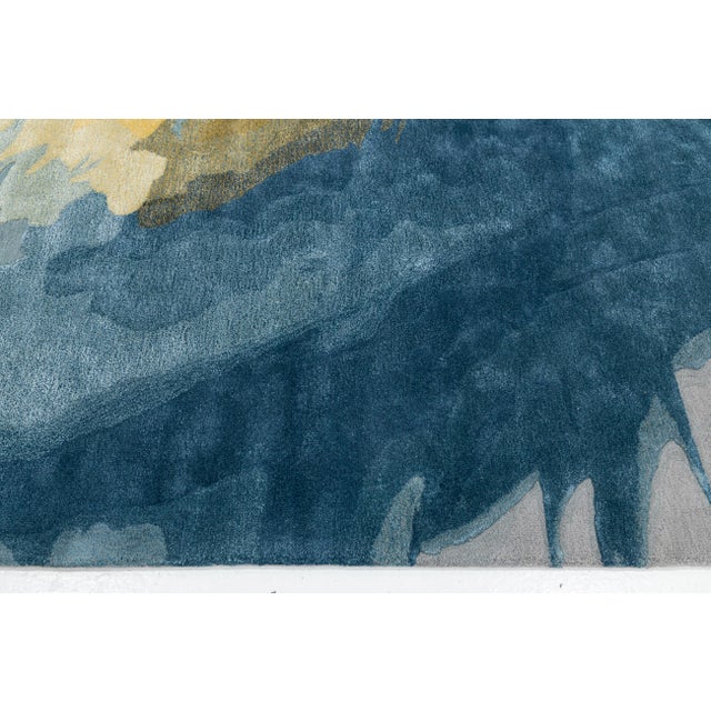 Blue Abstract Cosmic Splash Modern Hand-Tufted Wool Area Rug – Blue, Gold, & Grey For Sale - Image 8 of 10