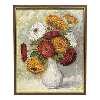 Vintage Mid-Century Modern Floral Still Life Oil Painting in Original Frame For Sale