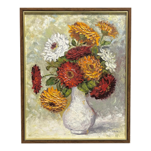 Vintage Mid-Century Modern Floral Still Life Oil Painting in Original Frame