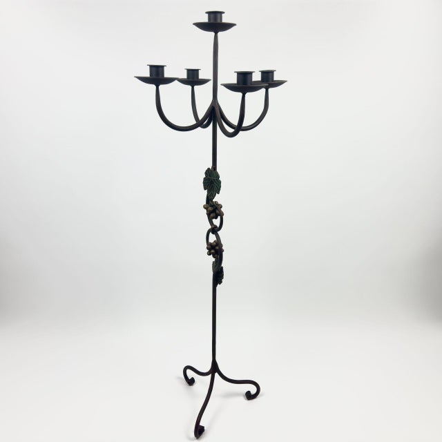 Black Hand Forged Iron Floor Candelabra 47″ (120cm) Antique Copper Patina 4-Arm 5-Candle Classic Scroll Holder Decor For Sale - Image 8 of 8