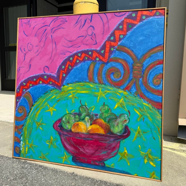 Vibrant signed abstracted still life by R. Davey in 1992. Its colorful appeal is detailed with blended oils, outlined...