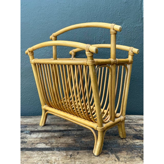 Wood Vintage Coastal Rattan Newspaper Rack For Sale - Image 7 of 12