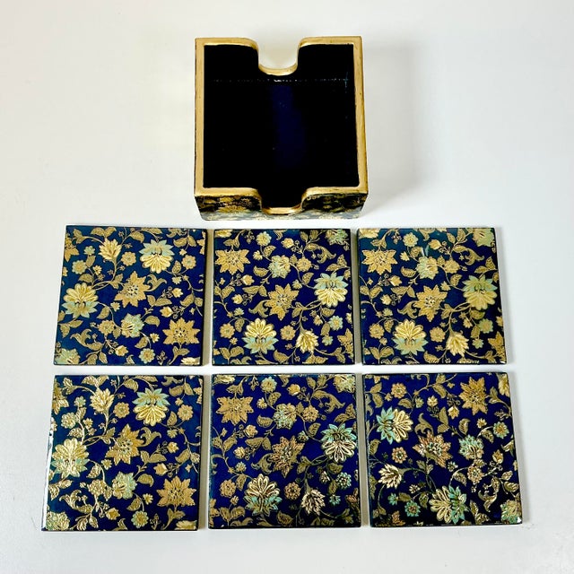1980s Vintage Chinoiserie Boho Chic Hollywood Regency Coasters With Caddy - 7 Piece Set. For Sale - Image 9 of 10