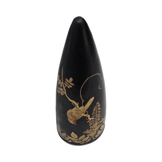Ceramic Art Deco Tokanabe Style Wall Pocket Vase Black Gilt Bird Floral Decor 9.5" Japan For Sale - Image 7 of 9