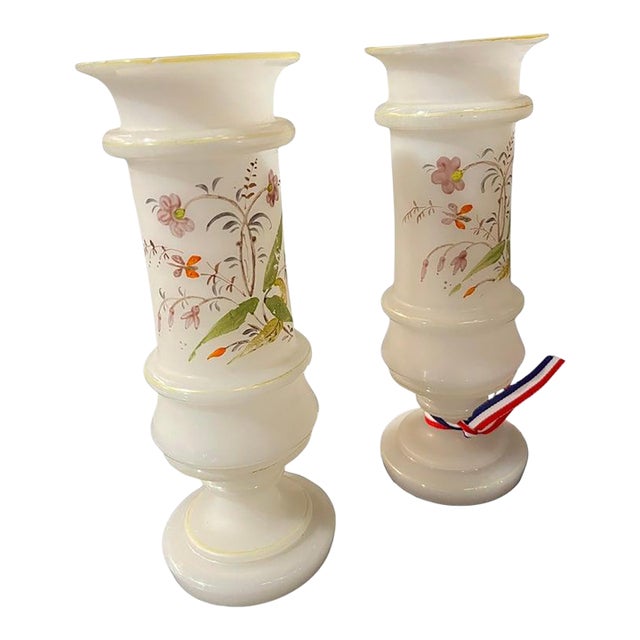 Antique French Pair Opaline Vases Floral For Sale