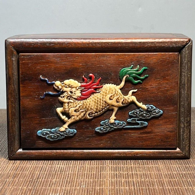 Brown Carved Wood Box With Bone Inlay Auspicious Beast Motif For Sale - Image 8 of 9