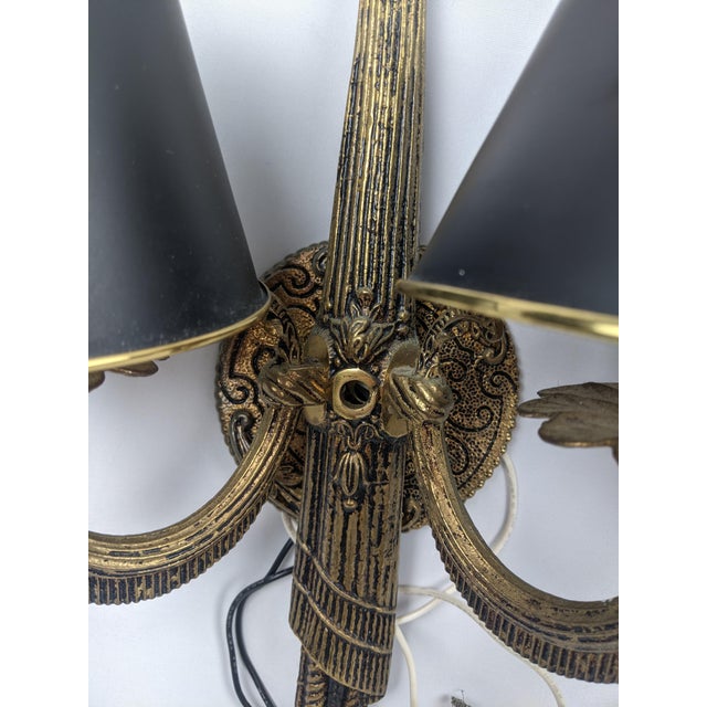 Vintage Ornate Gold-Tone Two-Light Wall Sconces With Shades - Pair For Sale - Image 16 of 18