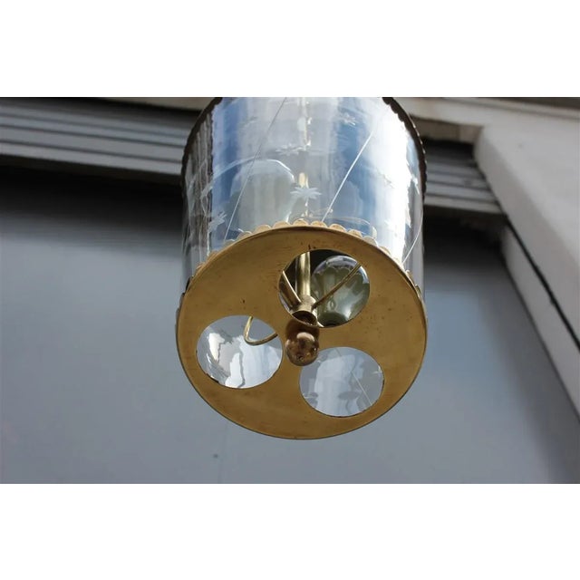 Mid-Century Italian Engraved Glass and Brass Ceiling Lamp from Crystal Art, 1950s For Sale - Image 9 of 13